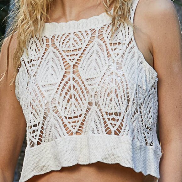 POL Natural Crochet Scalloped Baggy 100% Cotton Tank Crop Top - Picture 3 of 10